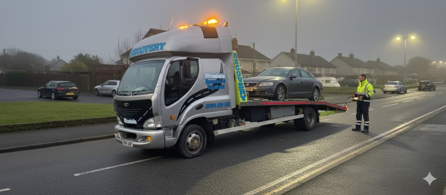 Broadside Recovery 7.5 ton truck loading a car for recovery in Cornwall