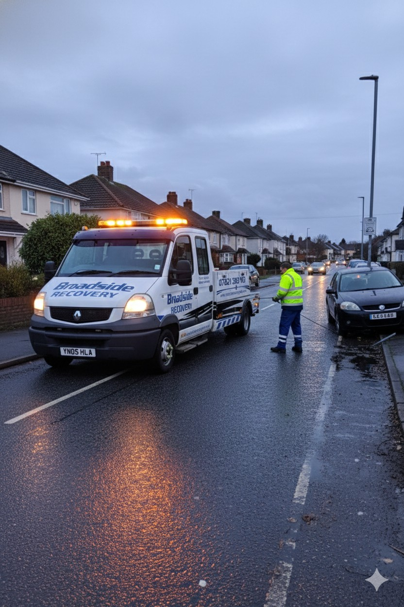 Vehicle recovery truck at night in Cornwall
